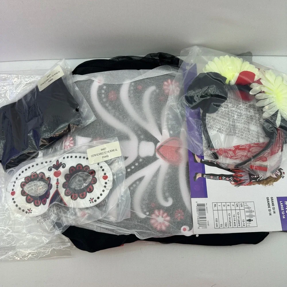 Scared To The Bone Halloween Costume Dress Tights Headband Mask Large 12-14 Girl